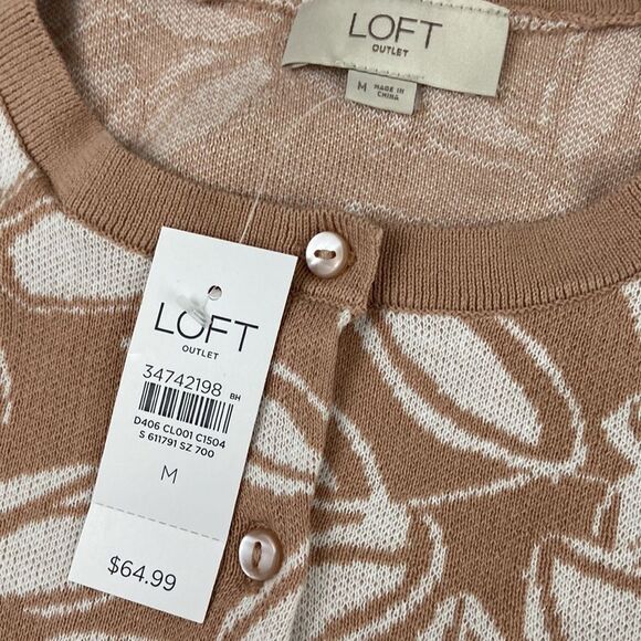NWT Loft 100% Cotton Leaf Design Tan Cardigan size Medium - Picture 2 of 7